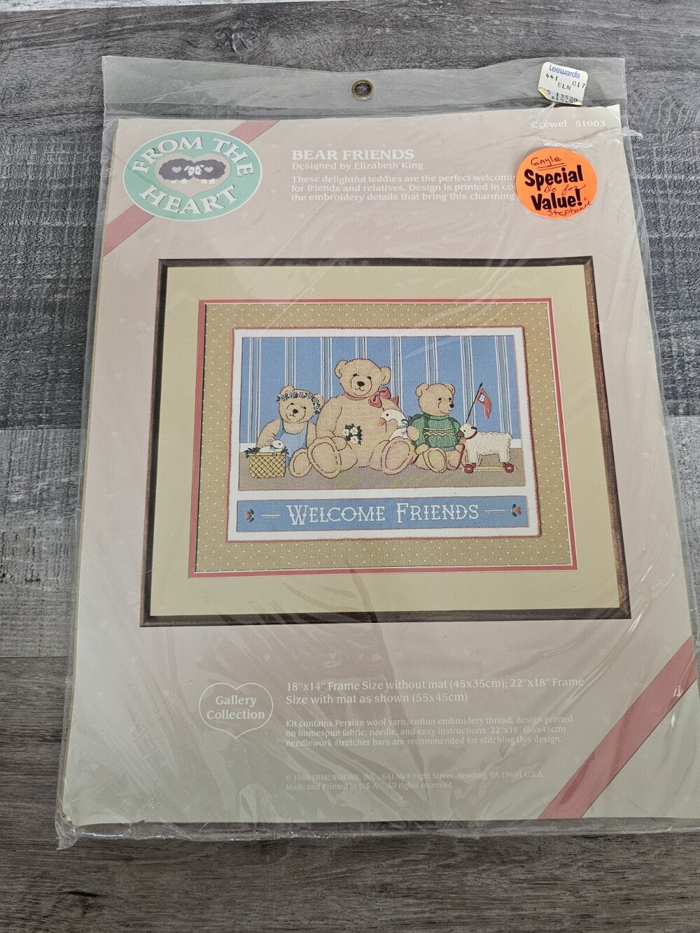 Vintage Crewel Kit #51003 Dimensions - From the Heart Bear Friends 1986 New 125c